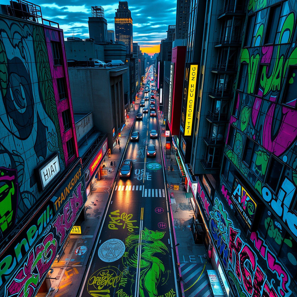 Graffiti Art Cityscape in Futuristic Hip Hop Style