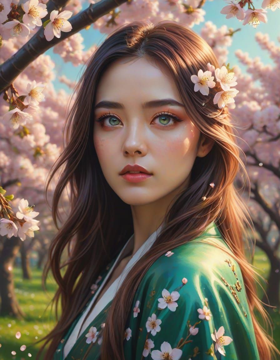 Jade-Eyed Woman in Cherry Blossom Field