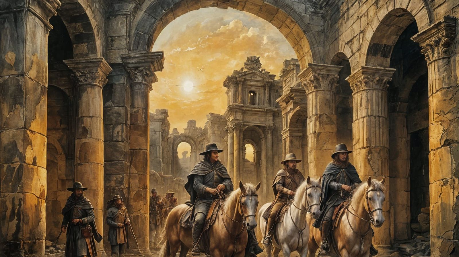 Four Horsemen Enter Ancient Ruins: Old Masters Style