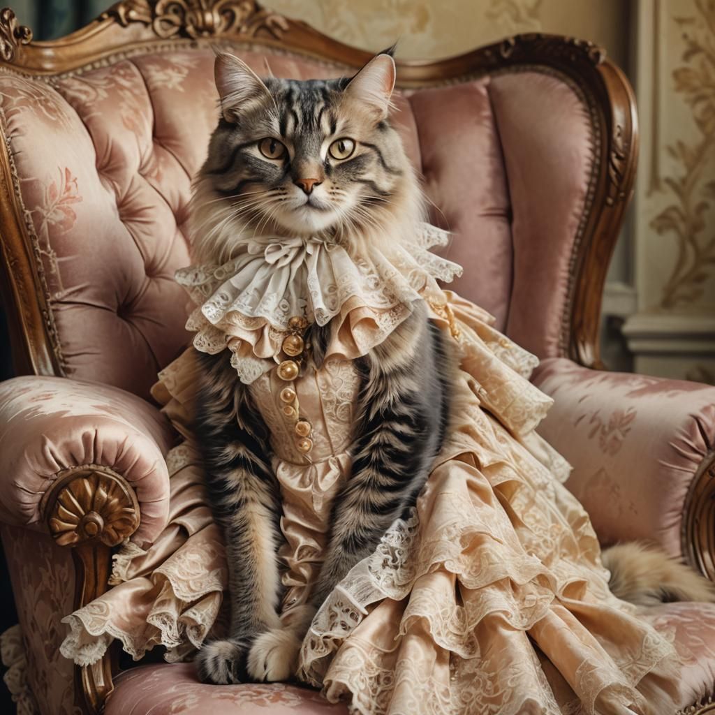 Victorian Cat Portrait in Frilly Gown