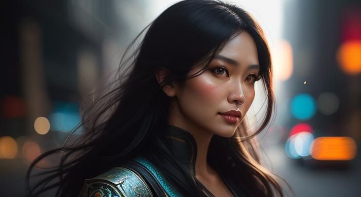 Indonesian Woman Portrait in Hyperdetailed Cityscape