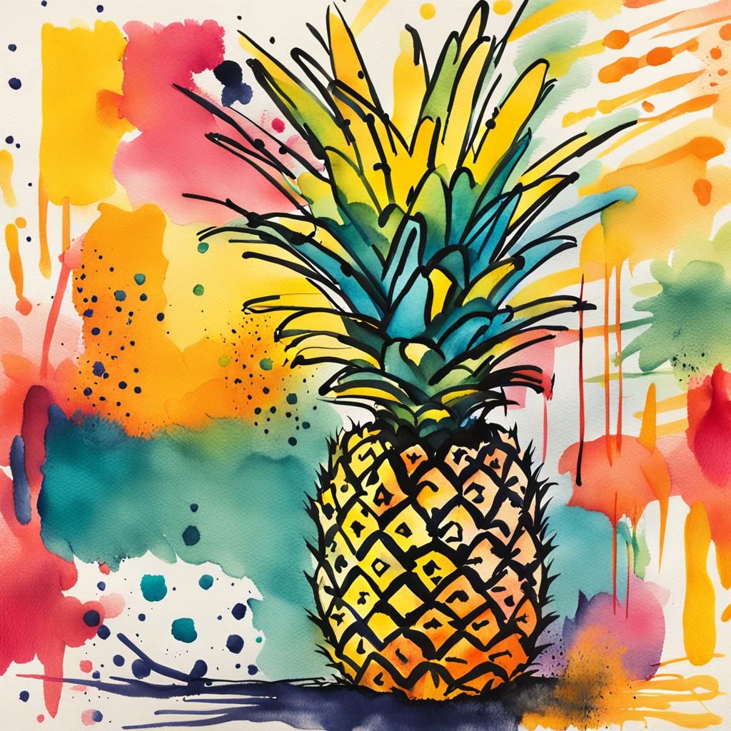 Whimsical Pineapple in Fauvist Ink and Wash Style