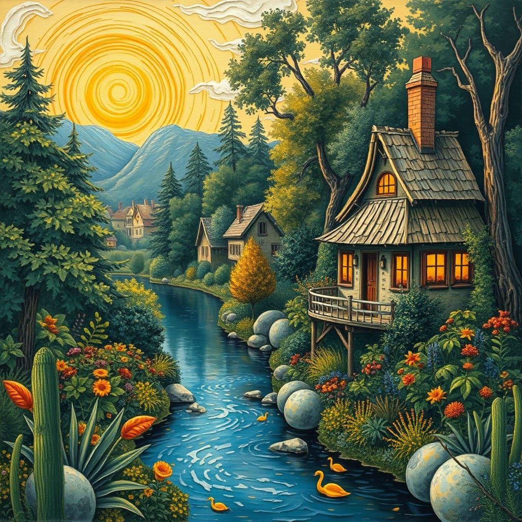 Whimsical Impasto Village at Sunrise