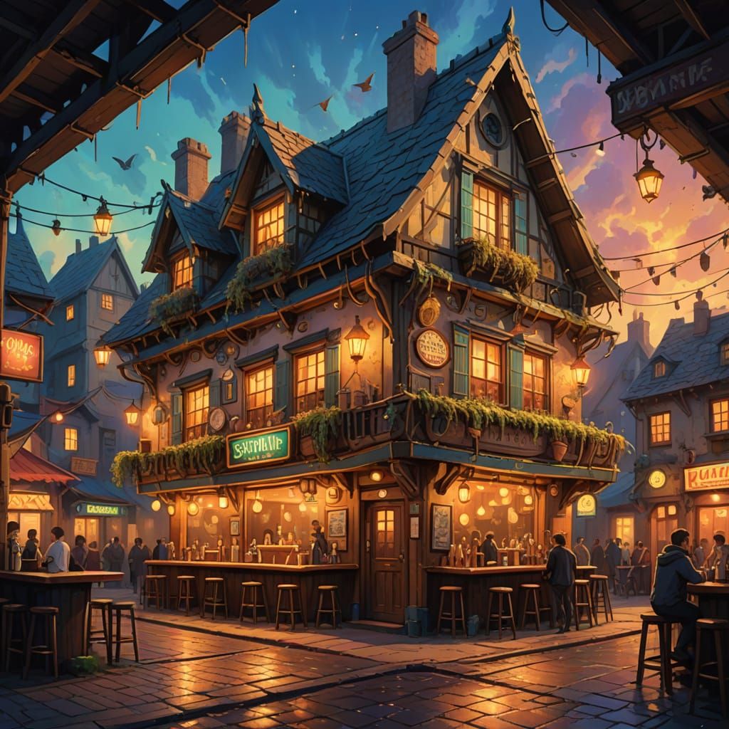 Fairy-Themed Pub: Gouache Impasto Fantasy Dive Bar