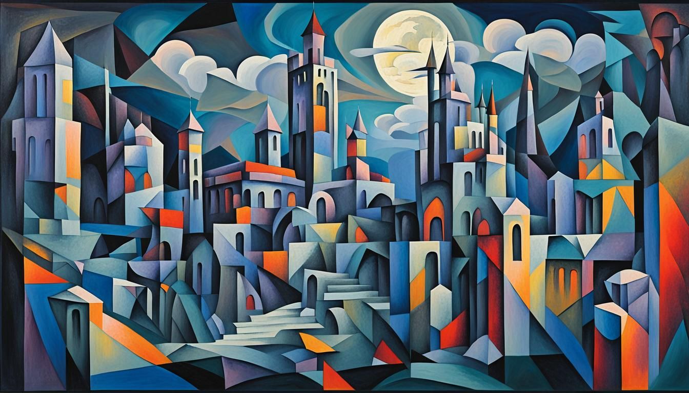 Moonlit Castle with Geometric Architecture