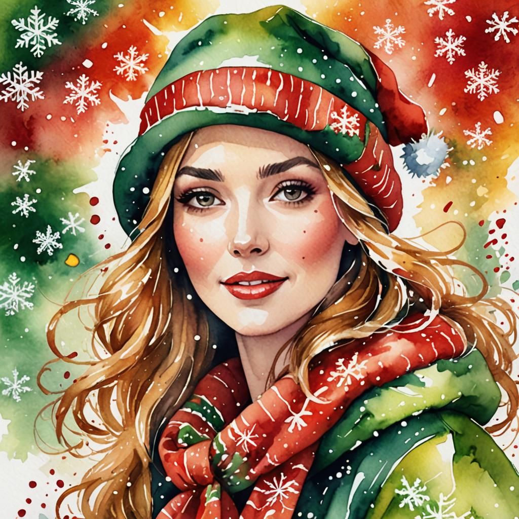 Festive Christmas Lady Portrait in Watercolor Style