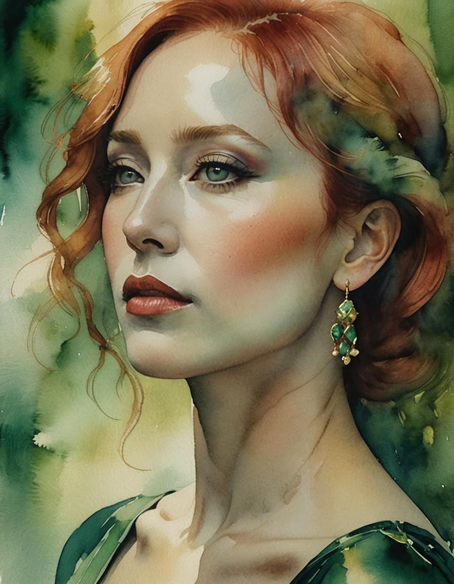 Dreamy Watercolor Portrait of Woman with Emerald Eyes