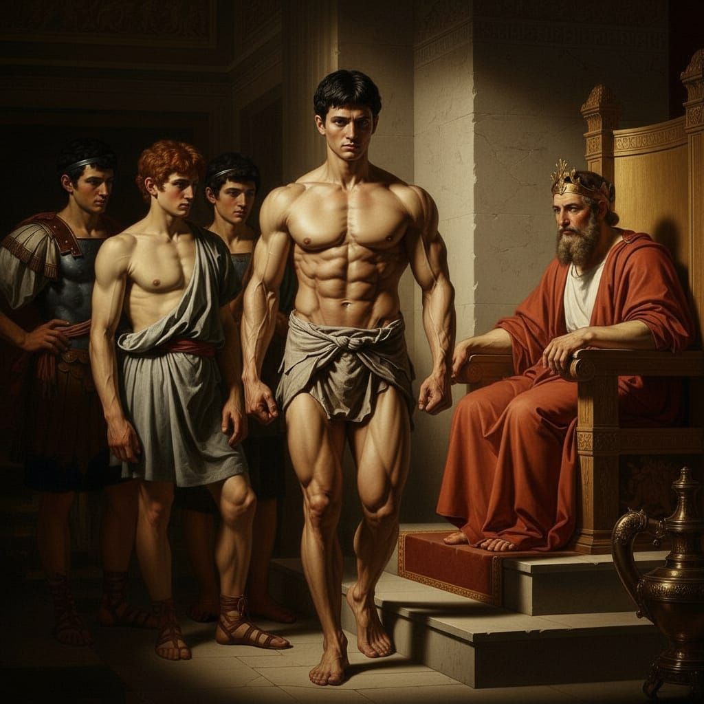 Muscular Ancient Greek Hero Theseus Before King Minos
