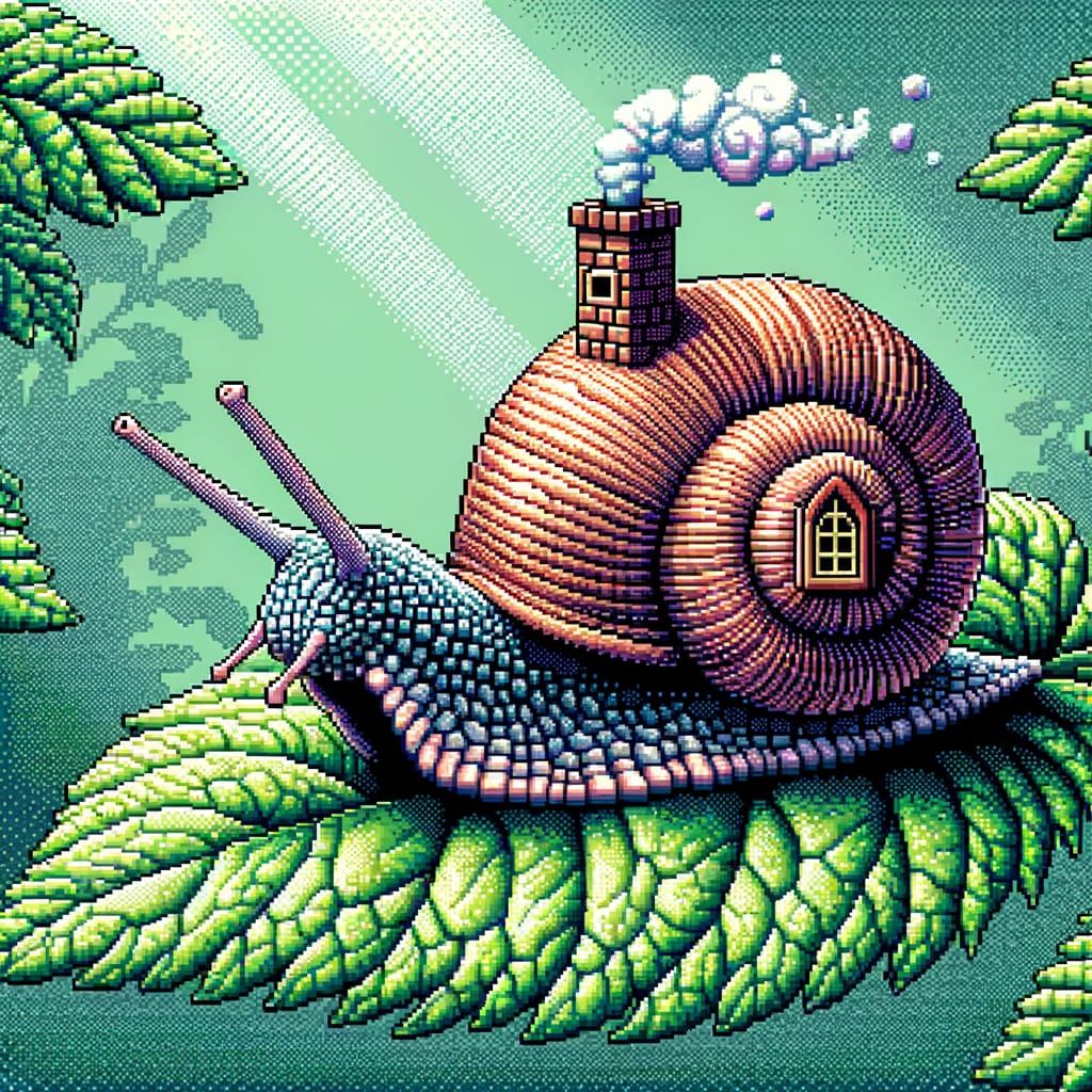 8-Bit Snail Home on Leaf in Pixel Art Style