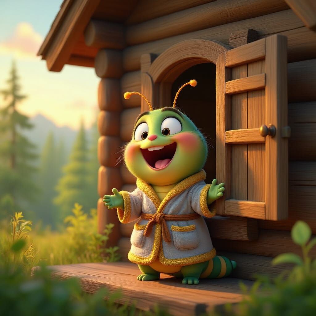 Cartoon Caterpillar Opens Cabin Window in Pixar Style