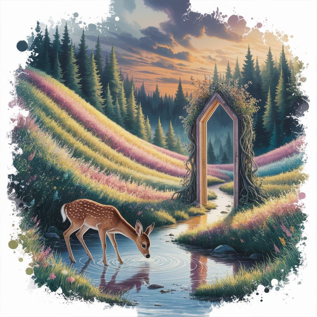 Mystical Portal in Vibrant Countryside Watercolour Painting