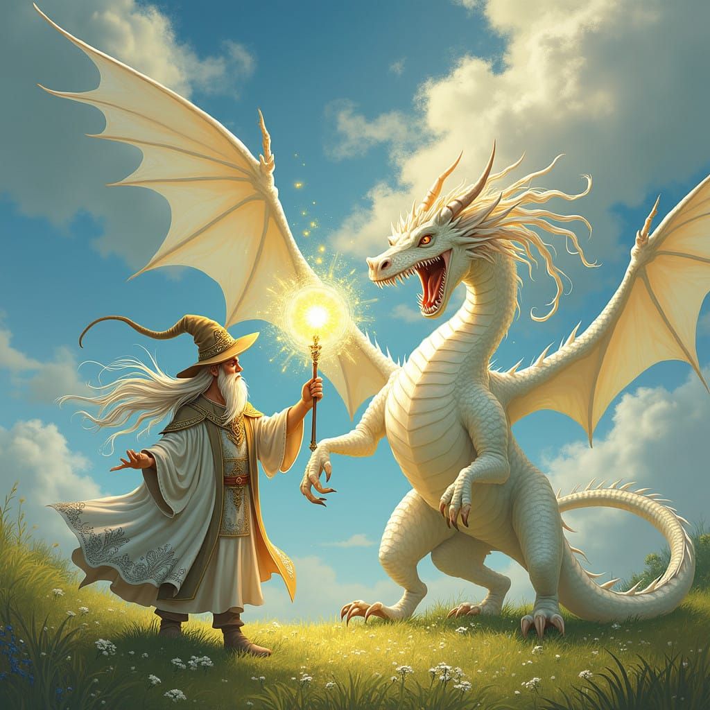 Ancient Wizard Celebrates His Majestic White Dragon