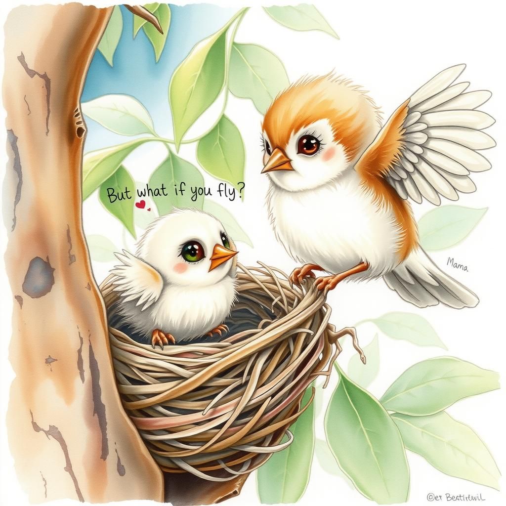 Watercolor Baby Bird's First Flight