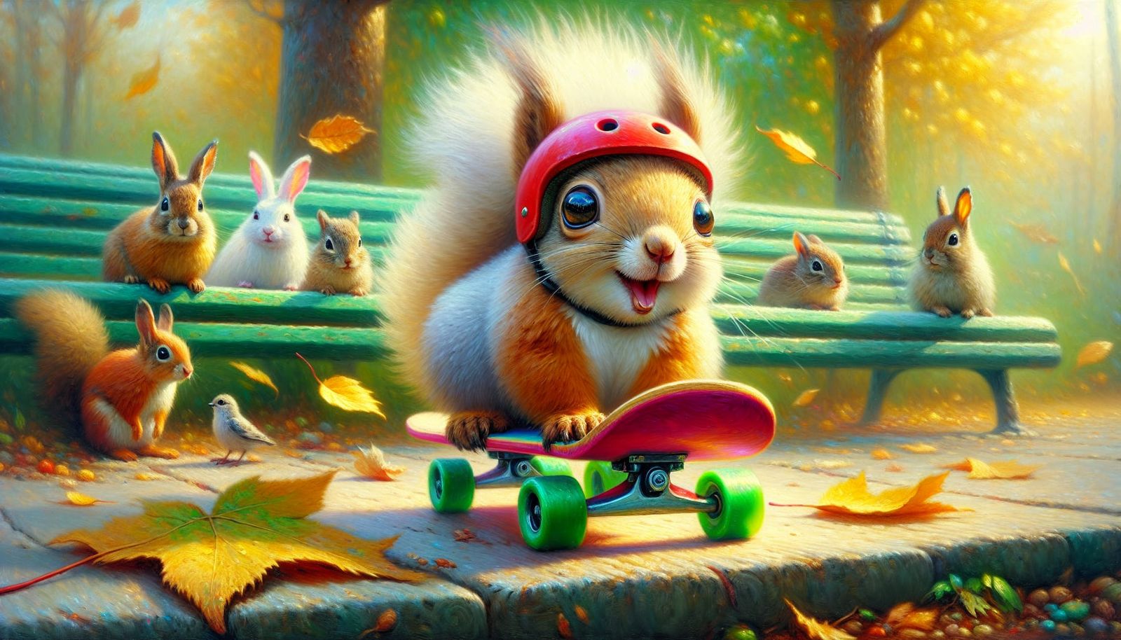 Squirrel Rides Skateboard in Impressionistic Impasto Style