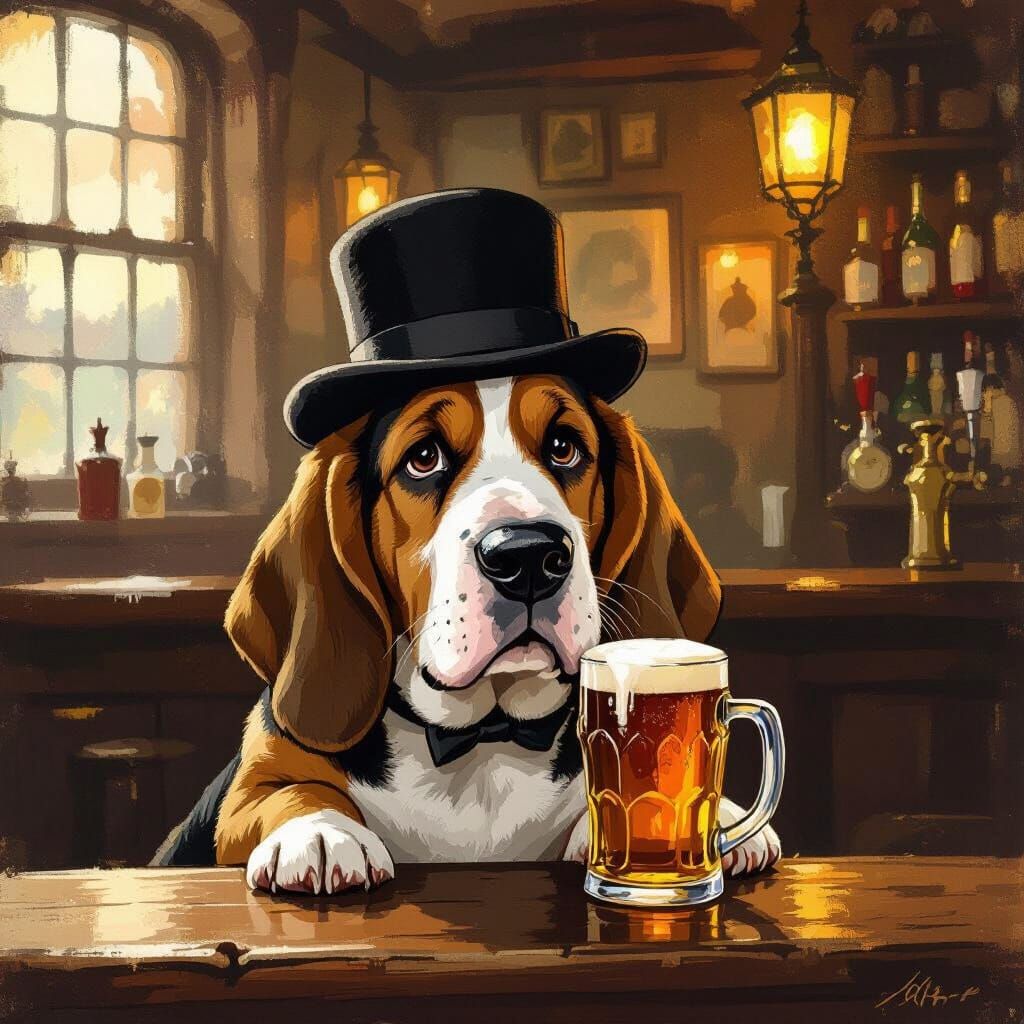Bassett Hound Enjoys a Pint in Cozy Pub