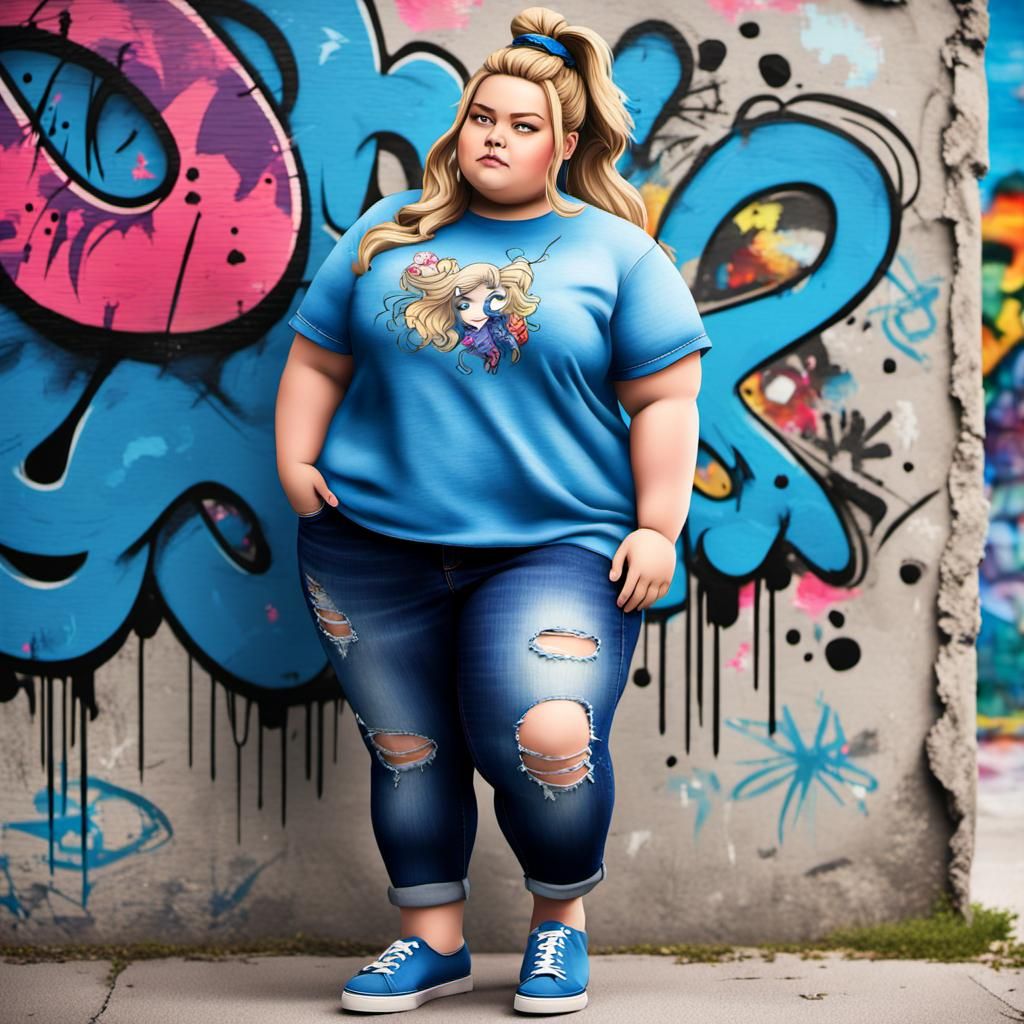 Hyper realistic plus size Caucasian female chibi with long wavy darker blonde hair in a messy bun. She is wearing a blue...