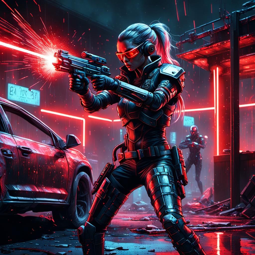 Cyberpunk Woman Fires Laser Pistol in Dystopian Motel