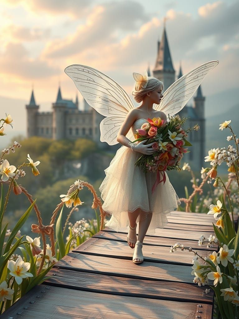 Whimsical Easter Fairy in Grunge Style on Weathered Bridge w...