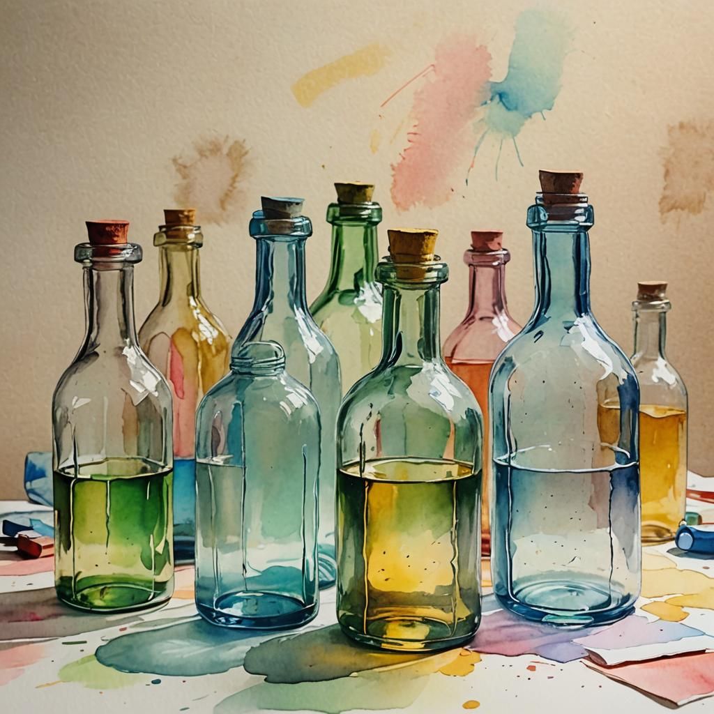 Impressionist Still Life with Pastel Glass Bottles