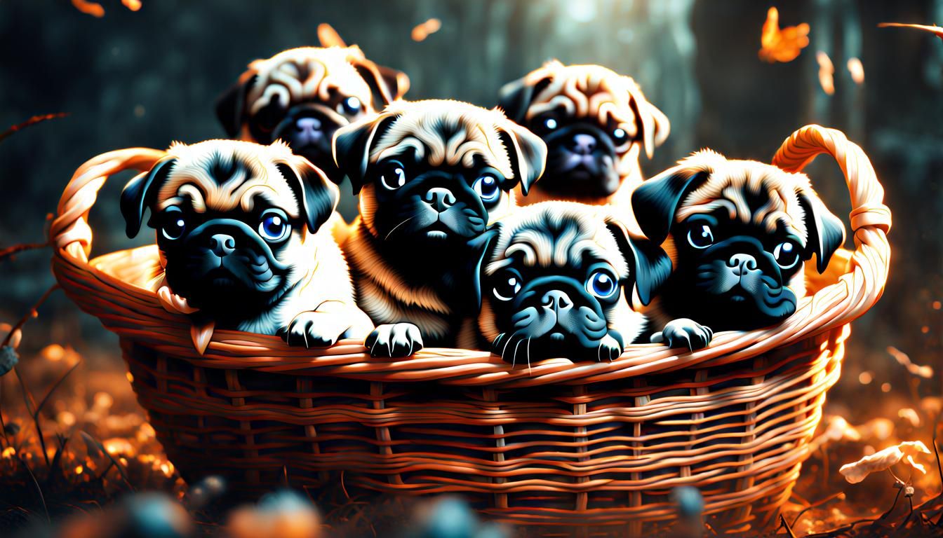 Basket of Pug Puppies: Detailed Matte Painting