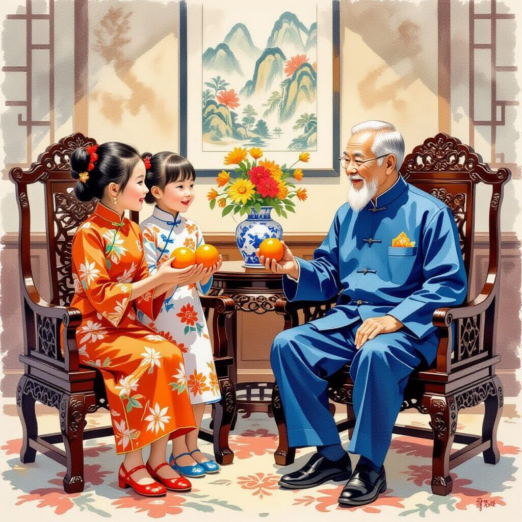 Children Presenting Oranges to Grandparents, Classical Reali...