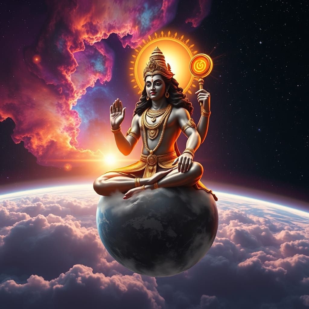 Lord Vishnu Meditating Above Earth in Space