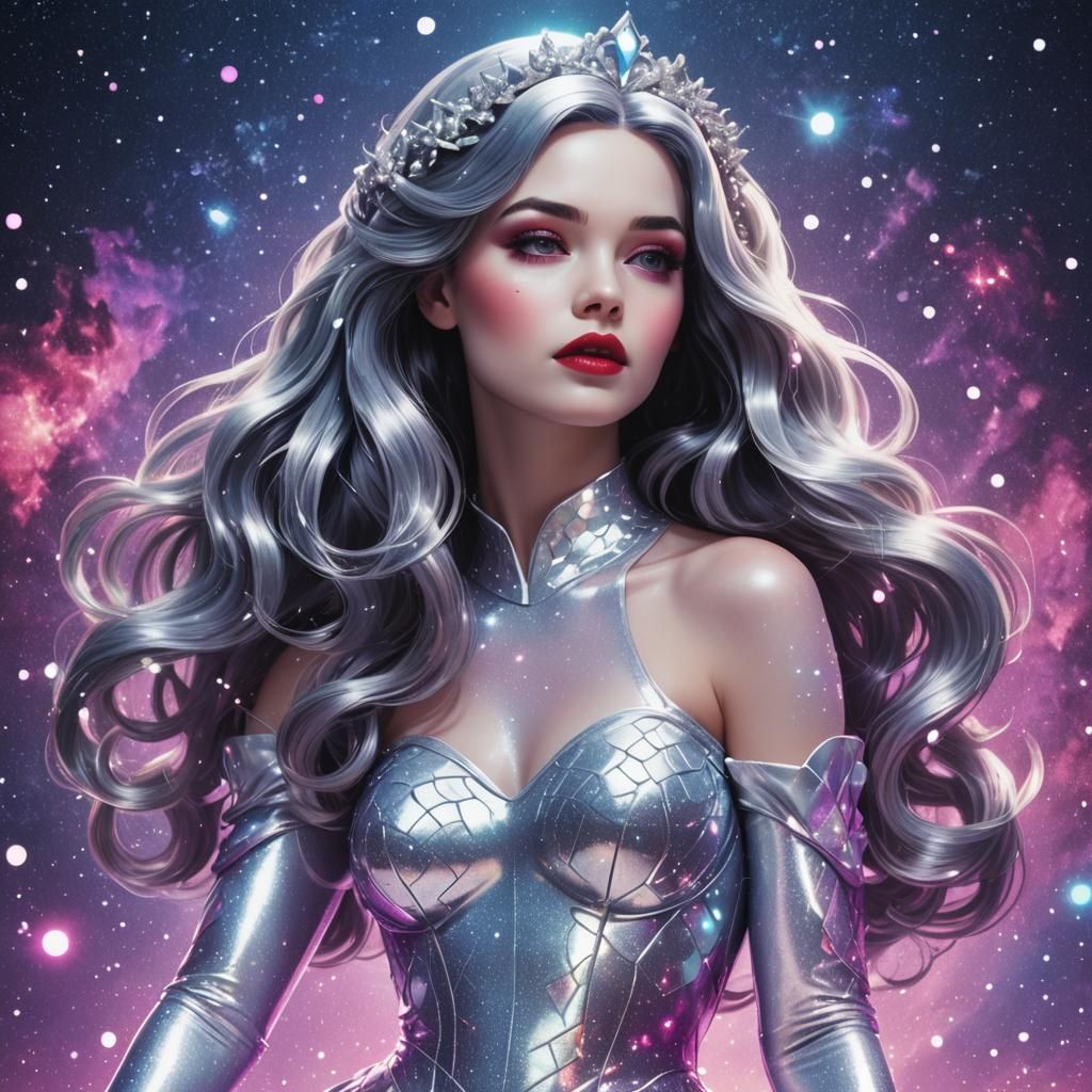 Snow White Space Mermaid in Synthwave Neon Style