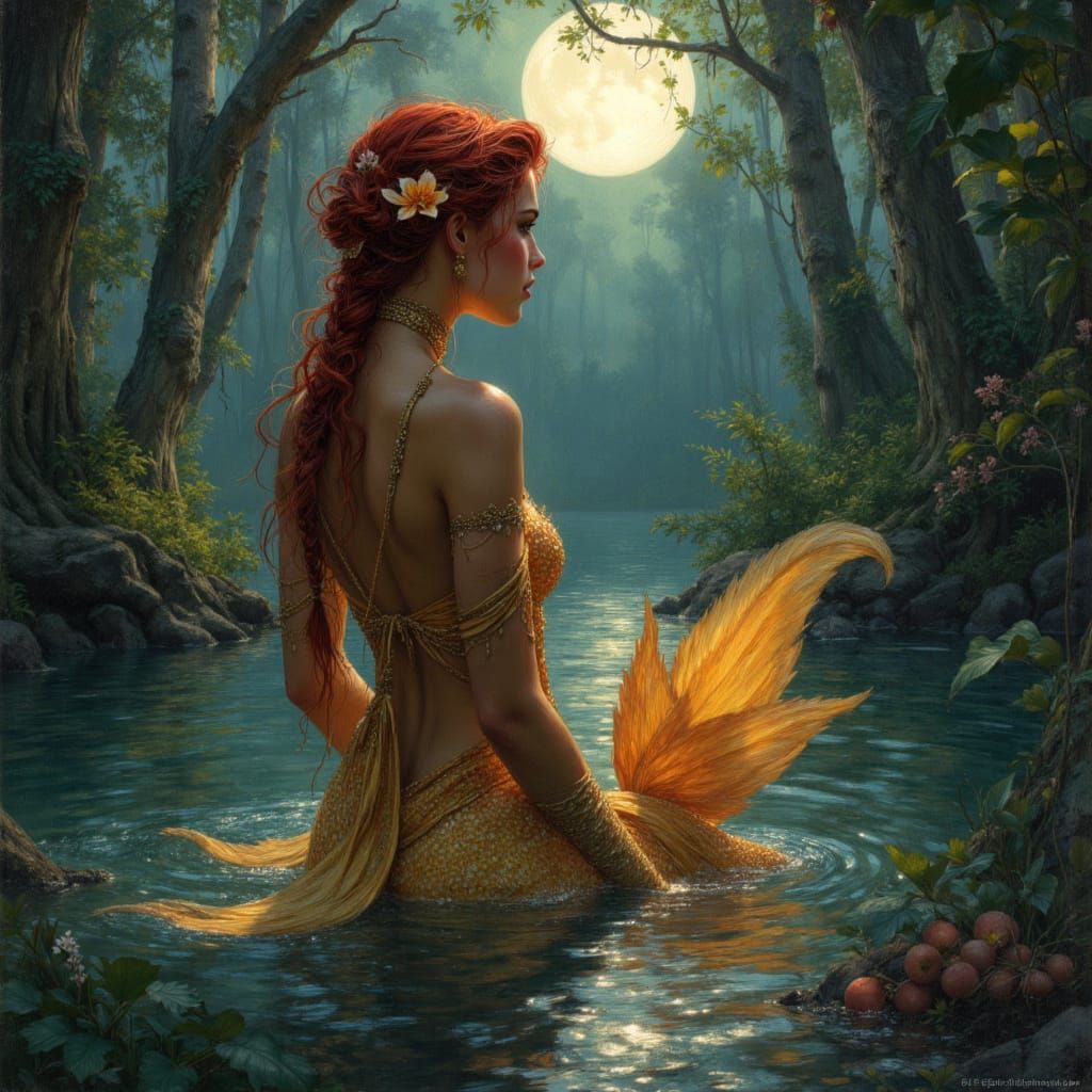 African Mermaid in Fairy Dress by Moonlight River