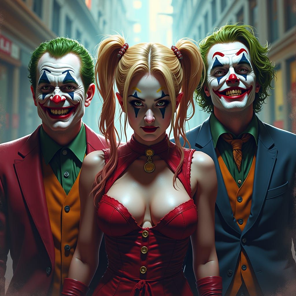 Jokers and Harley Quinn in Hyperrealistic Splash Art