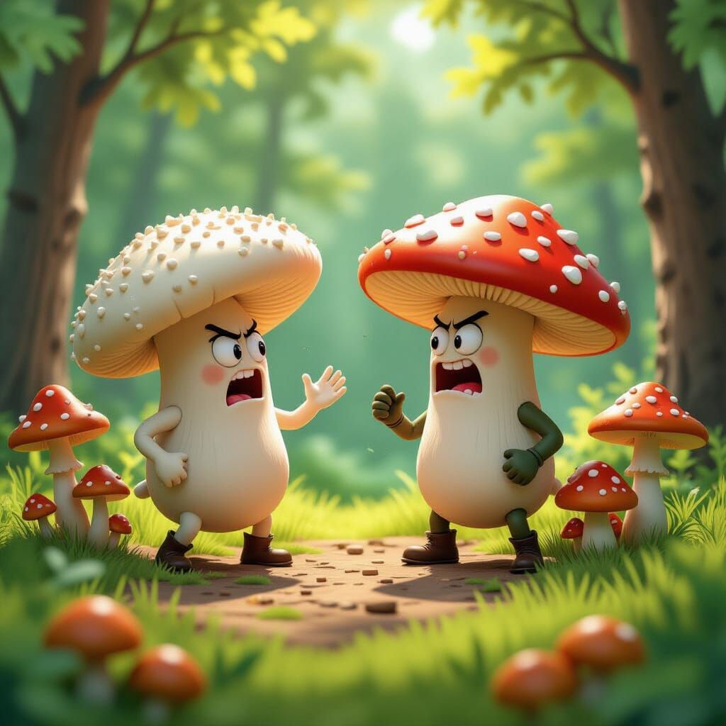 Cartoon Mushrooms Argue in Vibrant Forest Glade