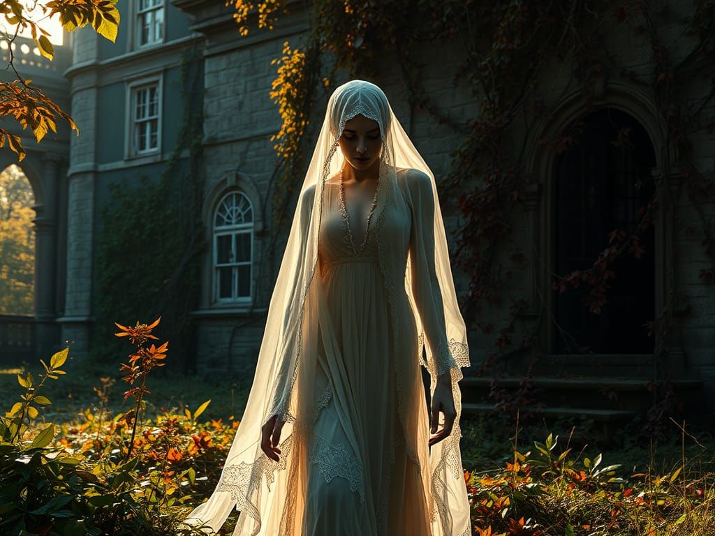Ethereal Wraith Strolls Victorian Grounds in Golden Light