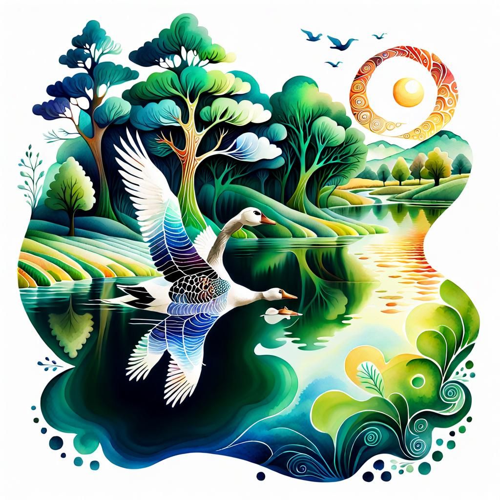 Goose Glides: Watercolor Fractal Art in Wonderland