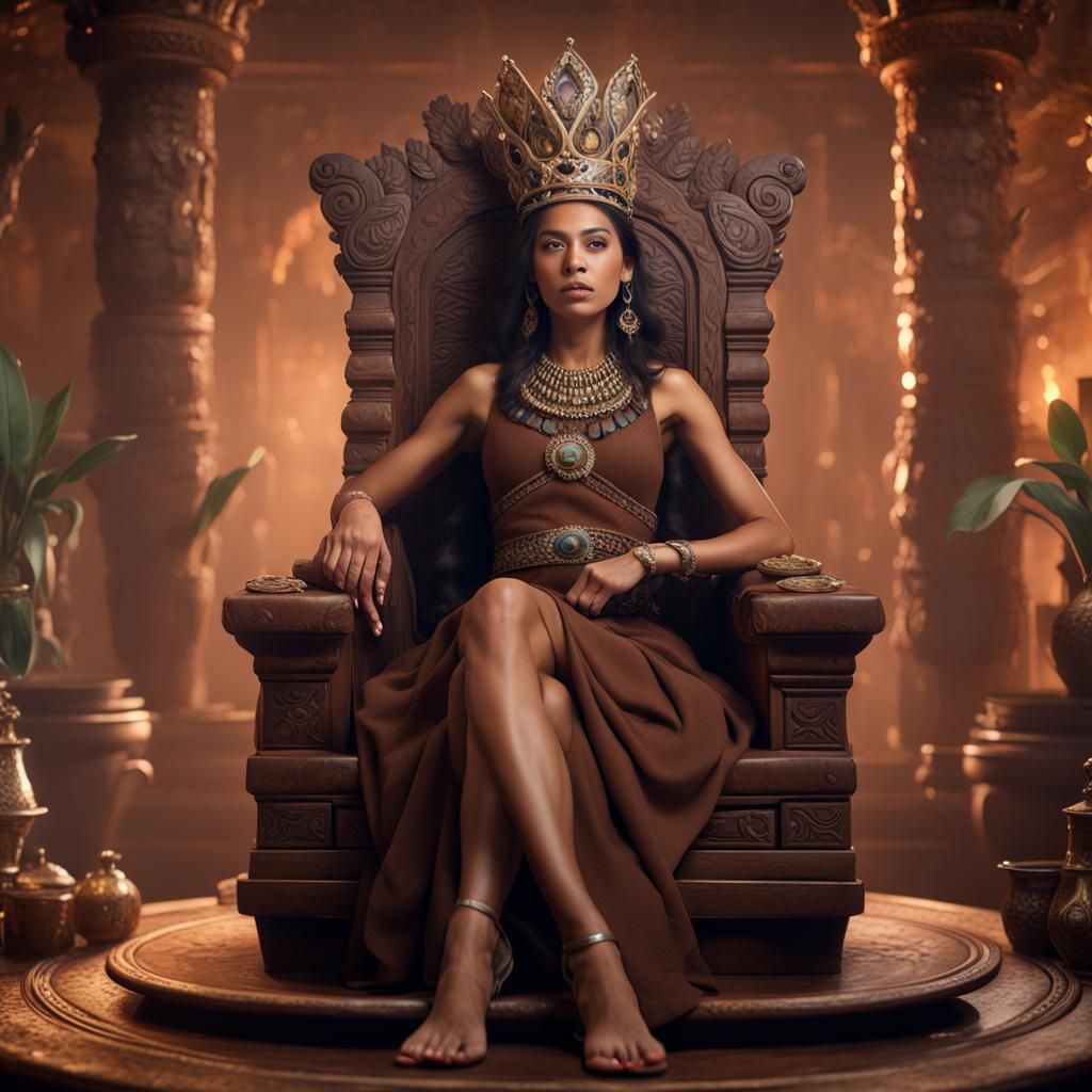 Amerindian Queen on Cacao Throne: Hyperrealistic Art