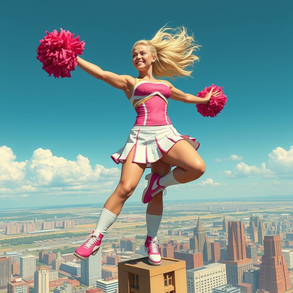 Giant Cheerleader Towers Over City in Retro-Futuristic Style