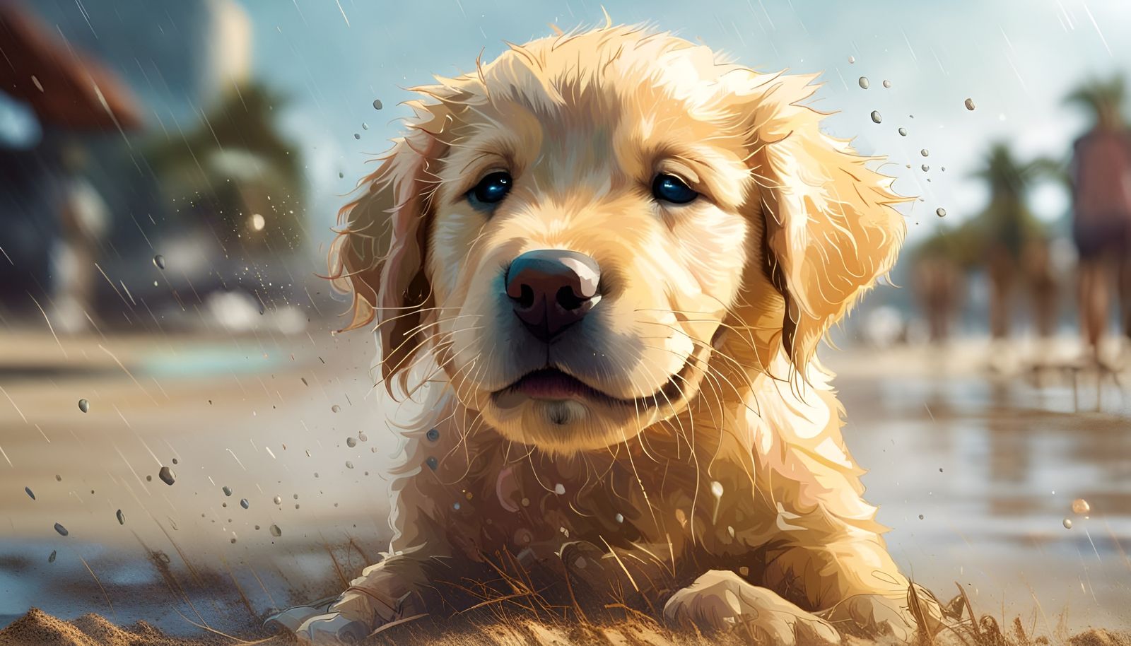 Golden Retriever Puppy Plays on Sunny Beach
