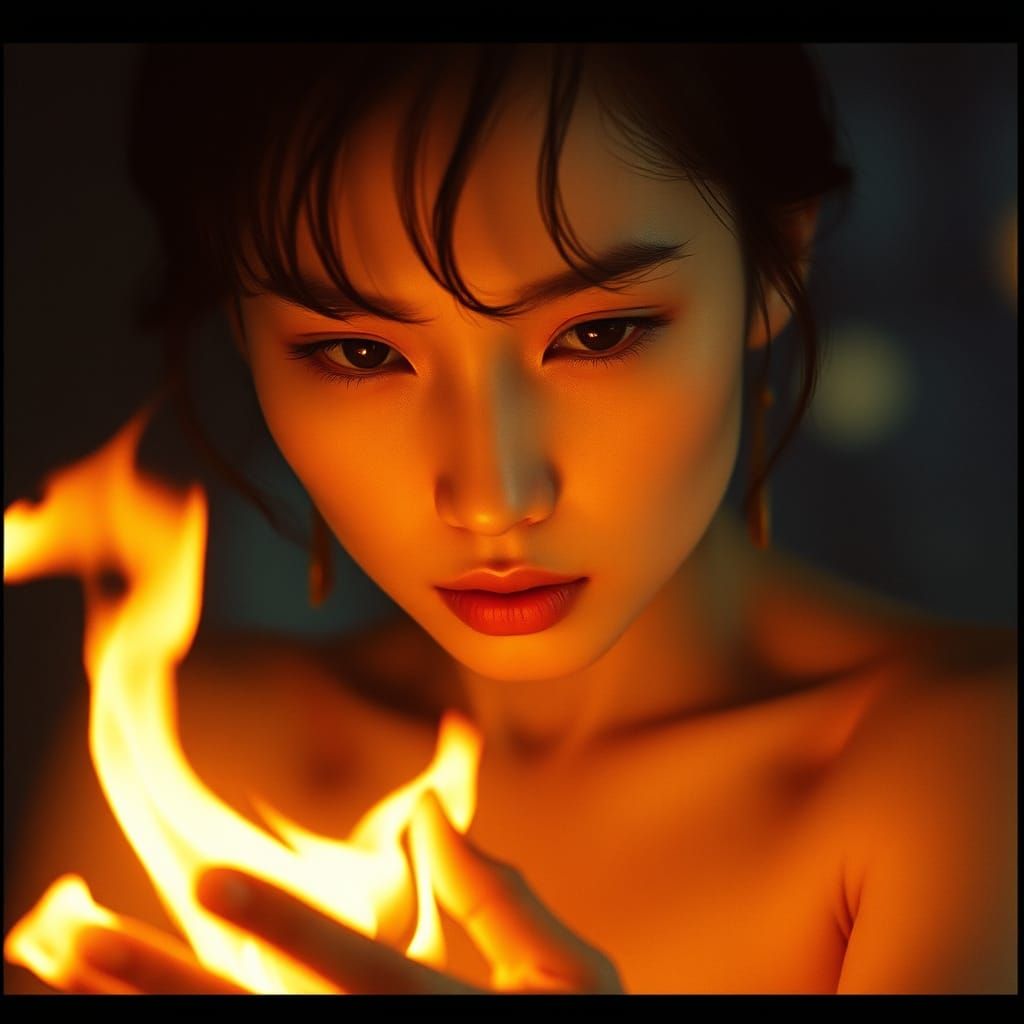 Beautiful Asian Woman Holding Fire: Cinematic Still