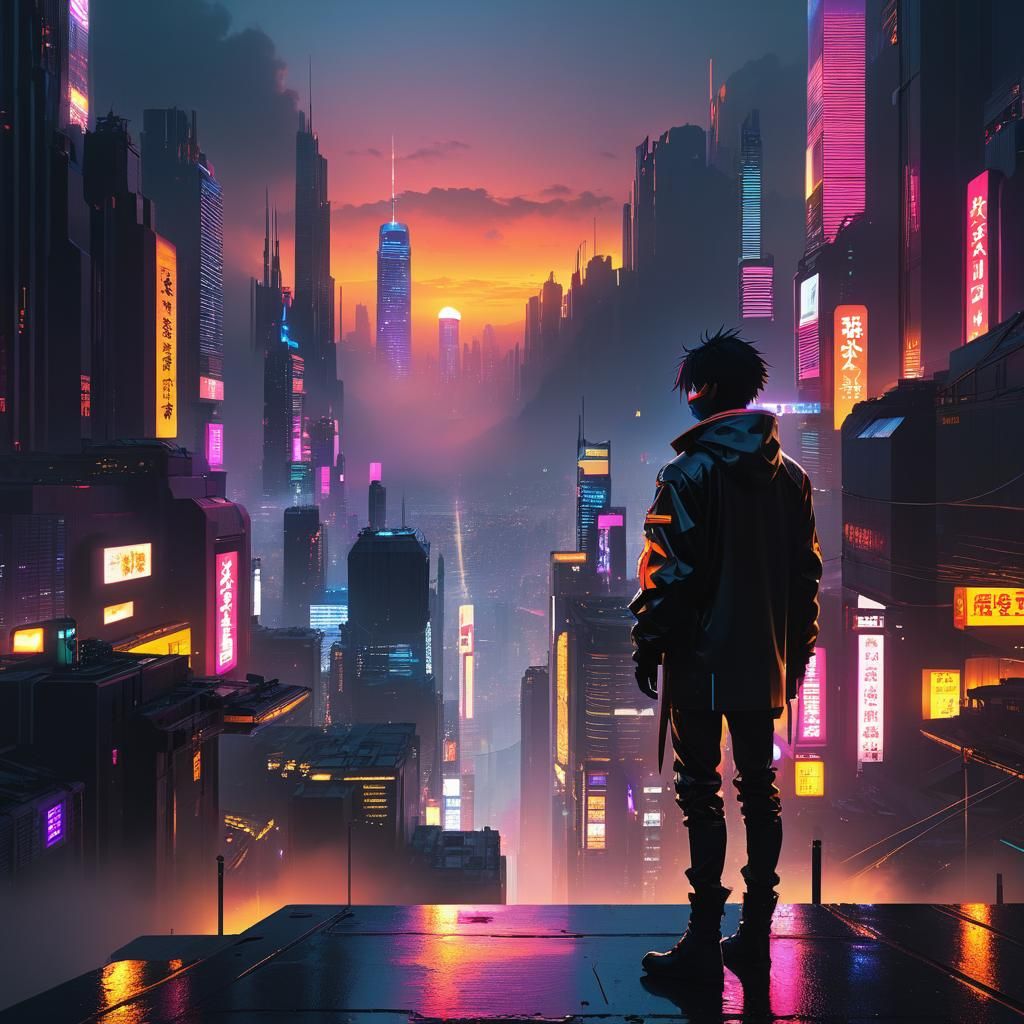 Cyberpunk Cityscape Sunset in Anime Style