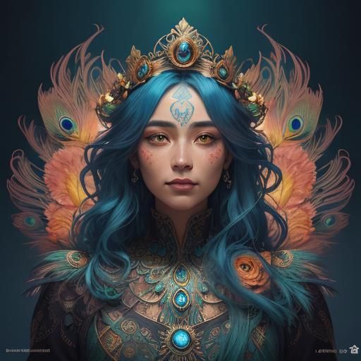 Fantasy Woman with Peacock Feathers, Art Nouveau Style