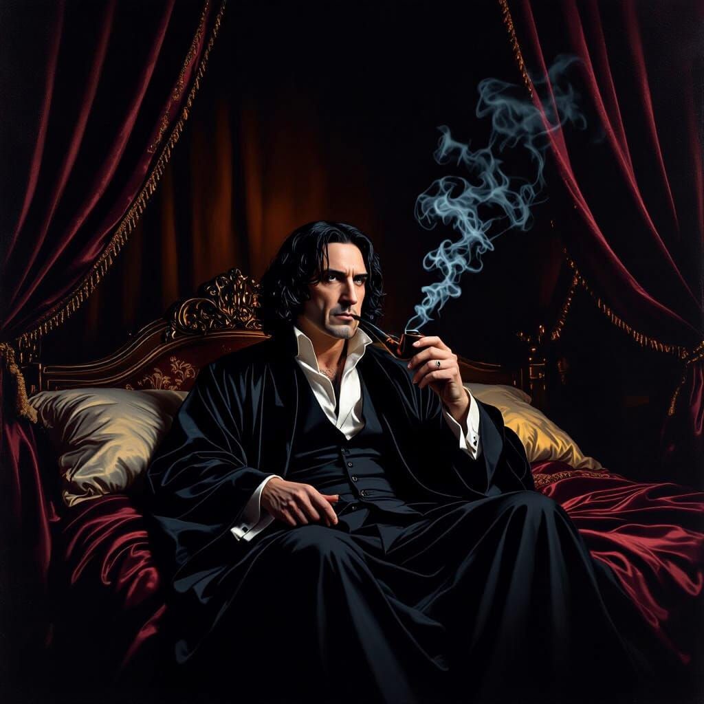 Severus Snape Smoking Pipe on Bed in Chiaroscuro Style