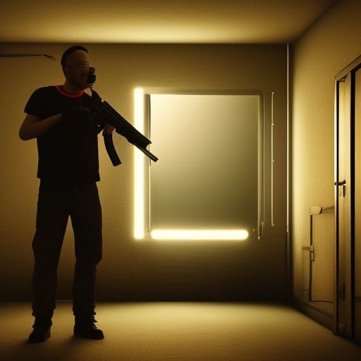 Hyperrealistic Man in Dark Motel Room with Gun