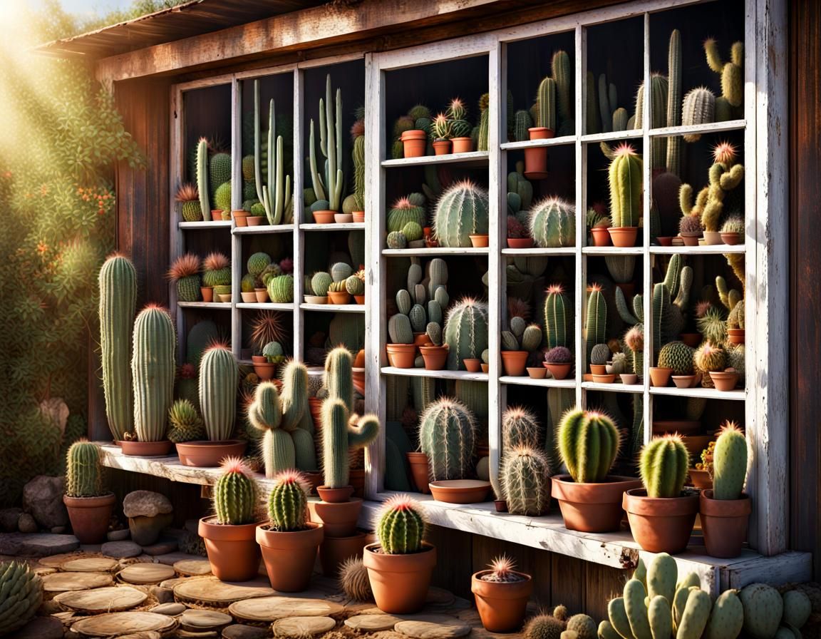 Cactus Collection in Shed Window: A Tranquil Garden Scene
