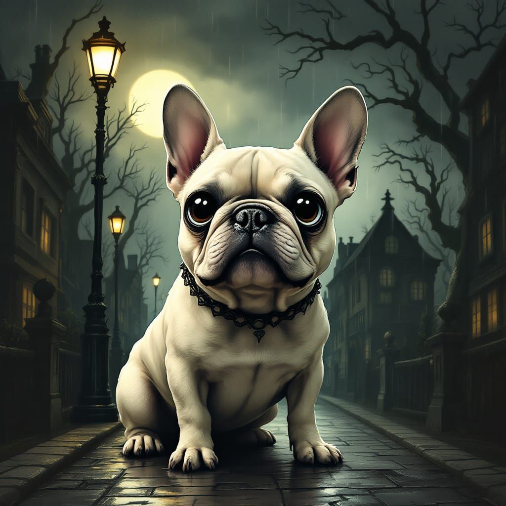 Cream French Bulldog in Tim Burton Gothic Style