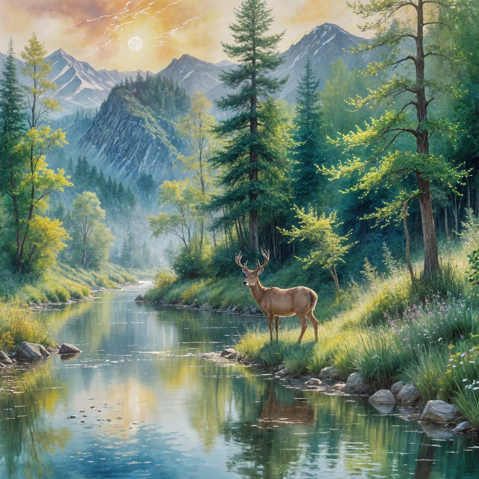 Ethereal Watercolor Landscape with Buck Deer
