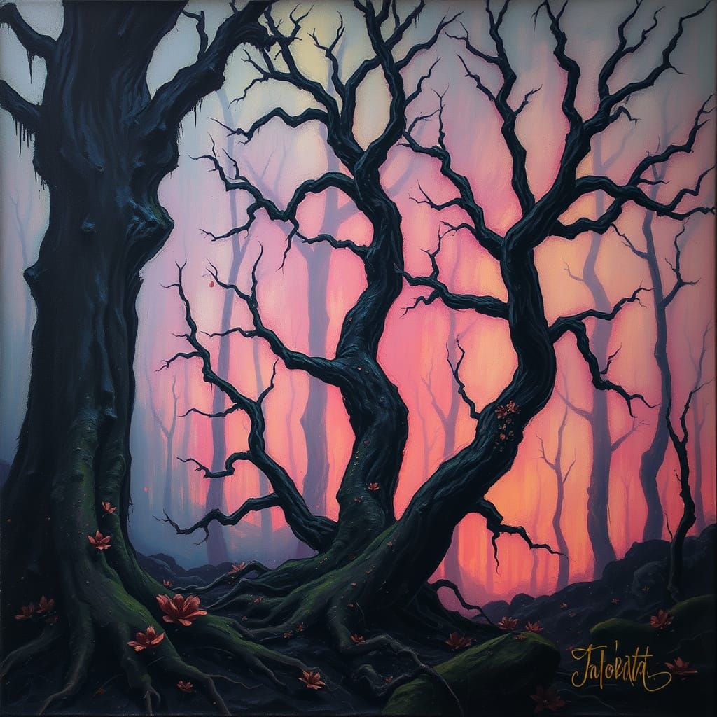 Dreamlike Forest Scene in Dark Romanticism Style