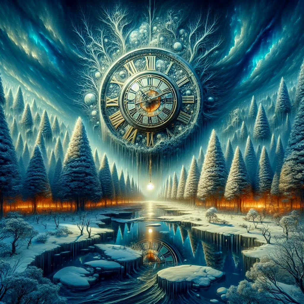 Surreal Winter Clock in Post-Apocalyptic Landscape