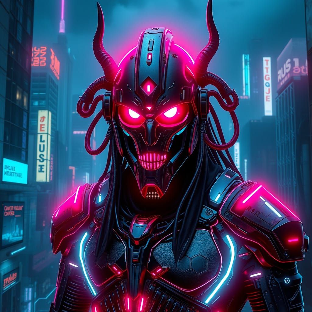 Cyberpunk God of the Underworld in Futuristic Cityscape