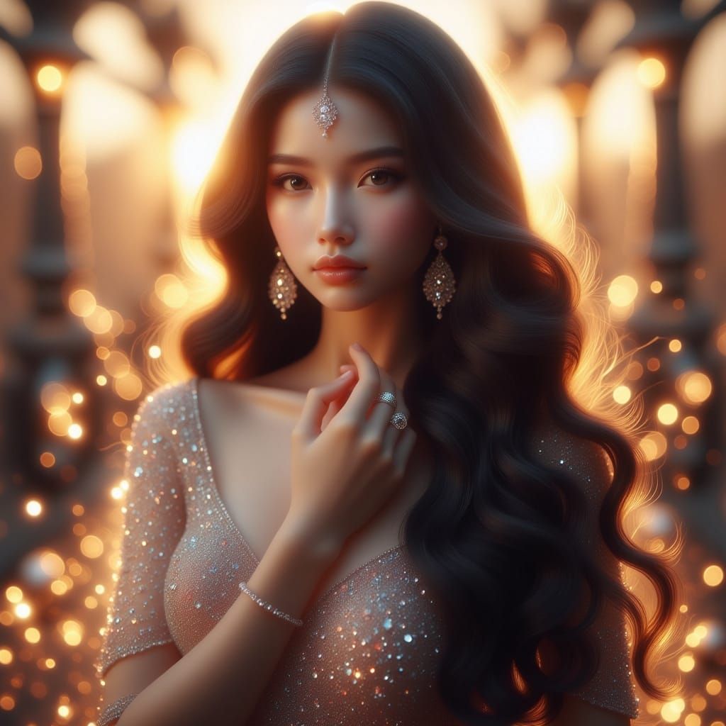 Elegant Woman in Flowing Black Dress, Golden Hour Portrait