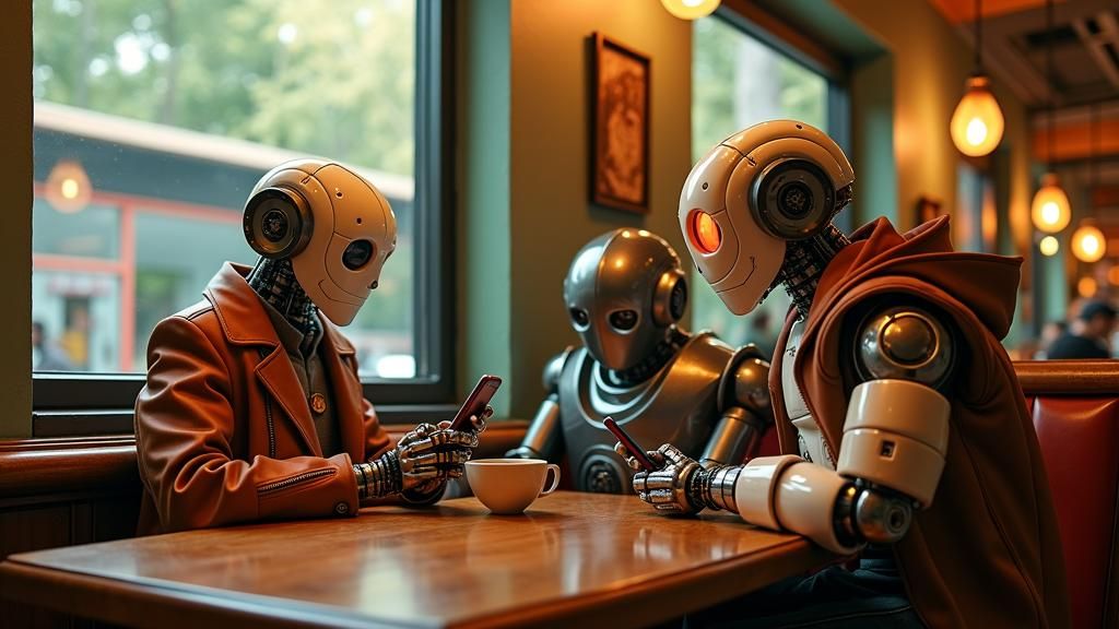 Sentient Robots in a Cozy Café: A Humorous Scene
