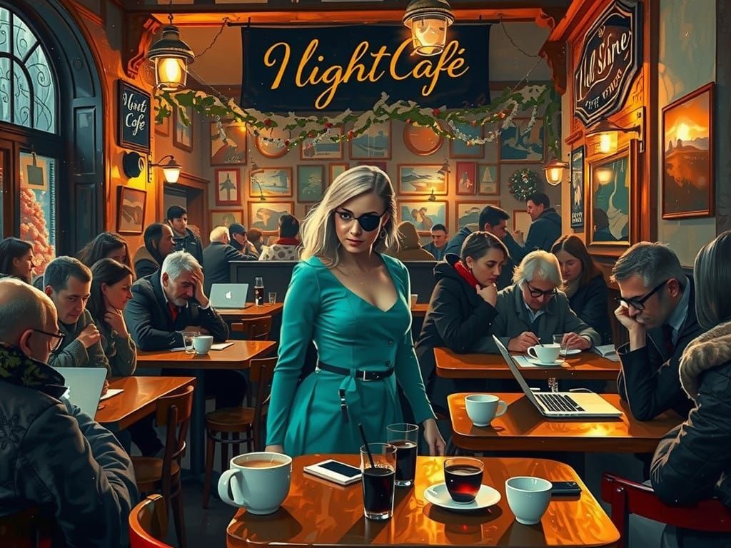 Woman in Turquoise Dress Works in Cozy French Pub at NightCa...