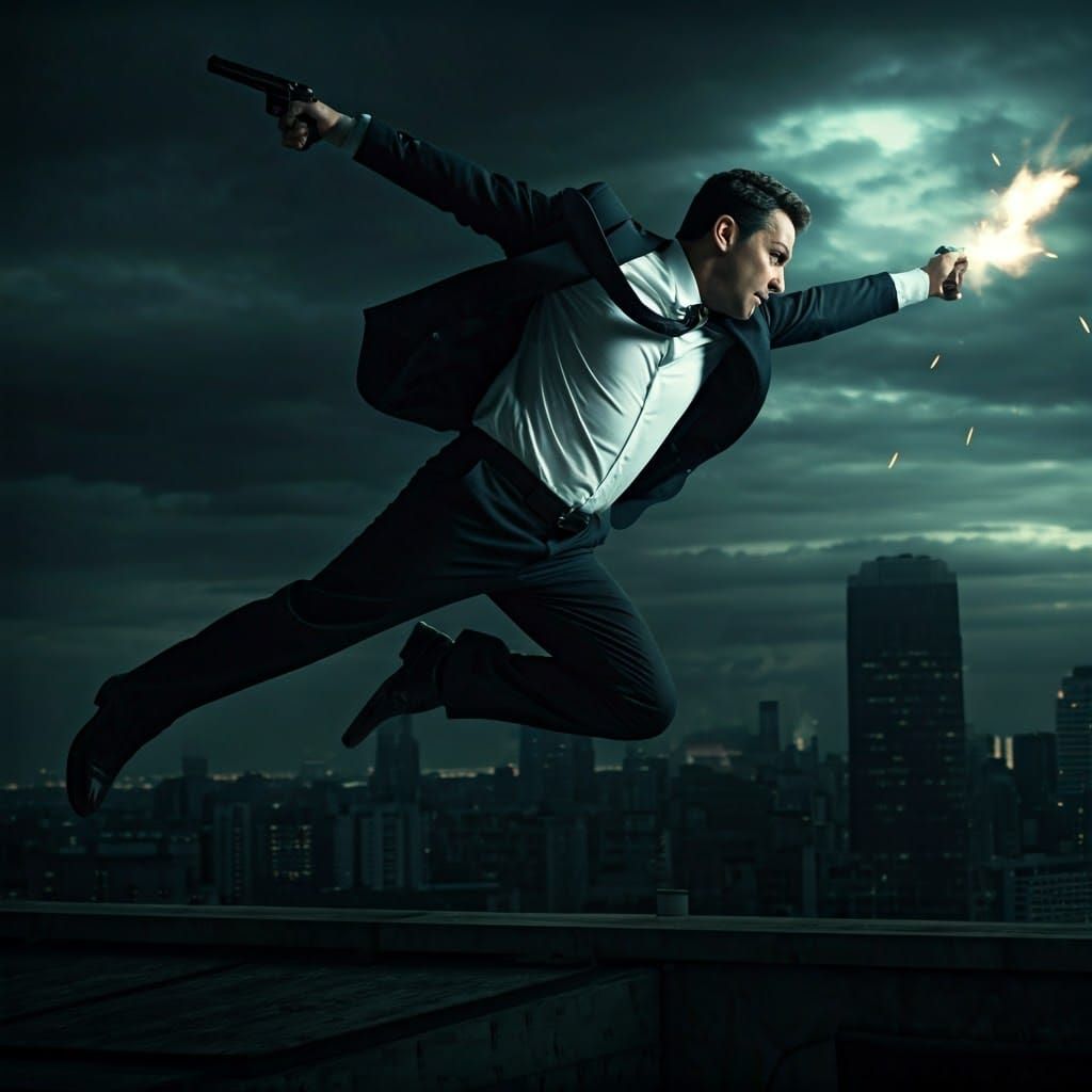 Agent Mid-Air Rooftop Leap, Cinematic Gritty Realism